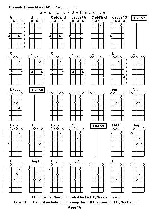 Chord Grids Chart of chord melody fingerstyle guitar song-Grenade-Bruno Mars-BASIC Arrangement,generated by LickByNeck software.